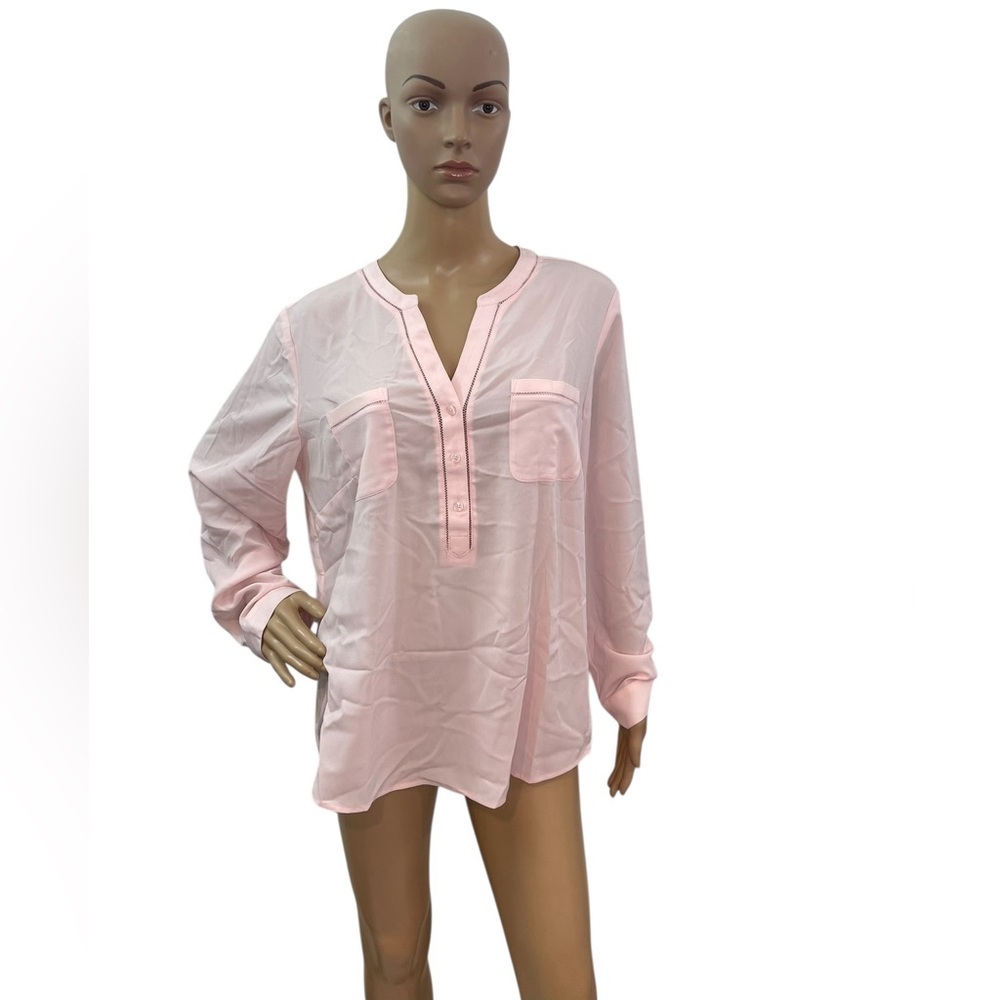 Talbots Women’s Size XLP Long Sleeve V Neck Solid Pink Blouse 2 Front Pocket